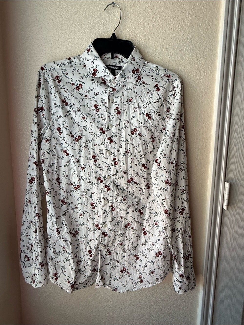 Express Men’s White Button-Down Shirt with Red Floral Print